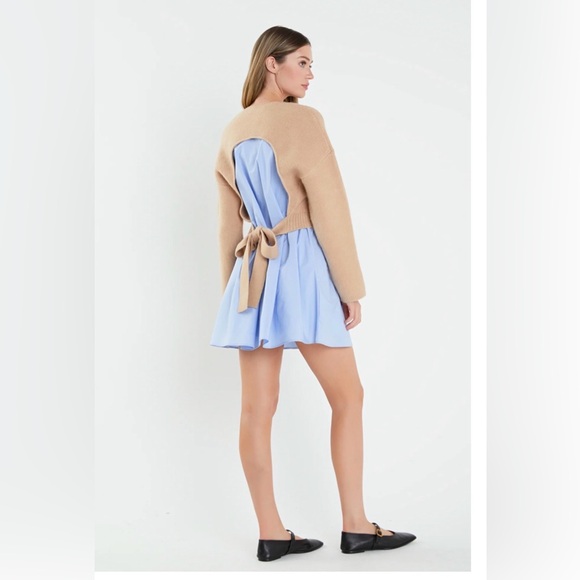 English Factory Tan Sweater with Blue Dress - Picture 4 of 10